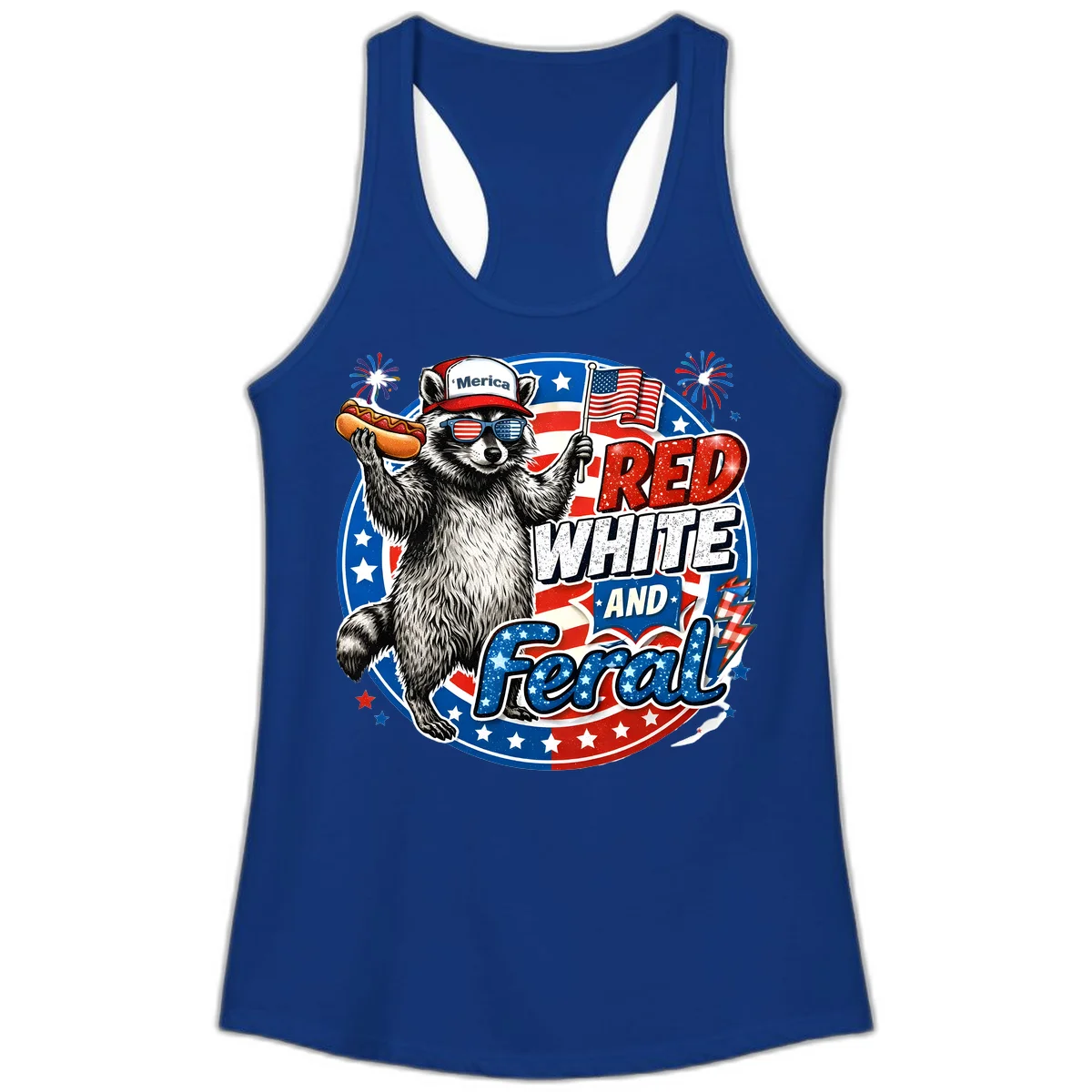Patriotic Raccoon 'Merica Ladies Tank in Solid Royal