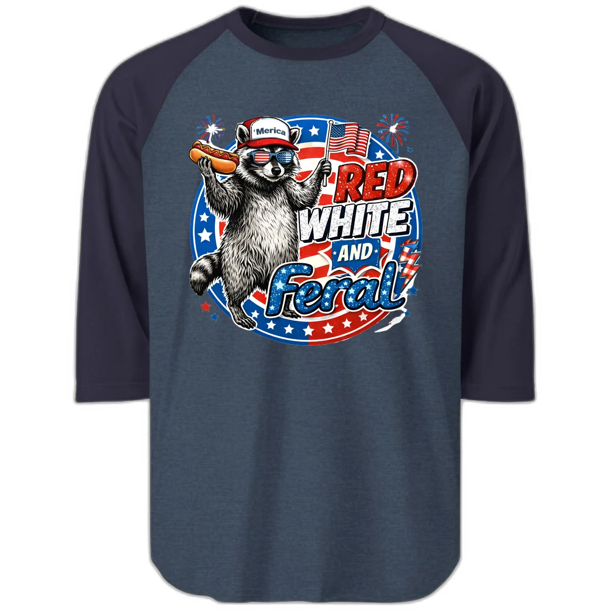 Patriotic Raccoon 'Merica Raglan 3/4 in Heather Denim Navy