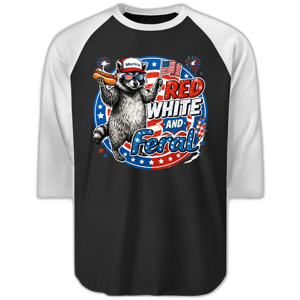 Patriotic Raccoon 'Merica Red White And Feral Design Raglan 3/4 in Black White