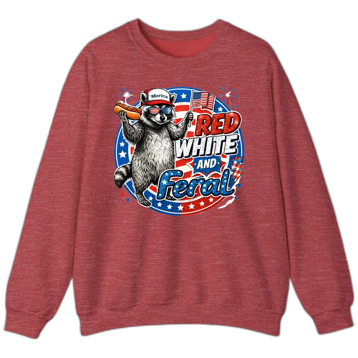 Patriotic Raccoon 'Merica Red White And Feral Design Sweatshirt in Heather Scarlet Red