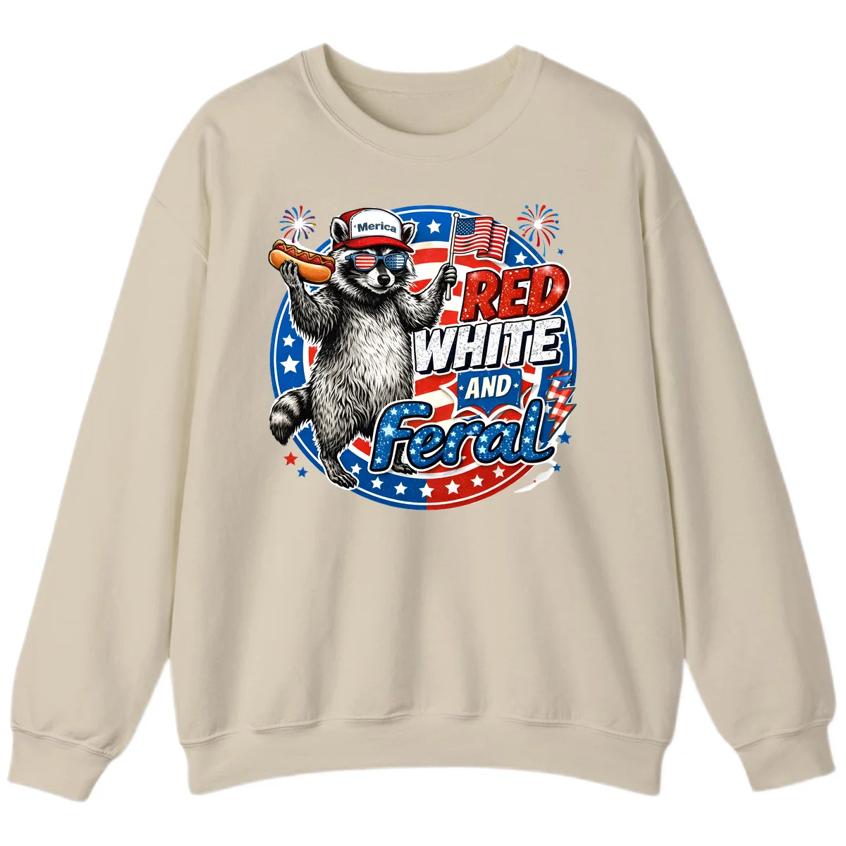 Patriotic Raccoon 'Merica Sweatshirt in Sand
