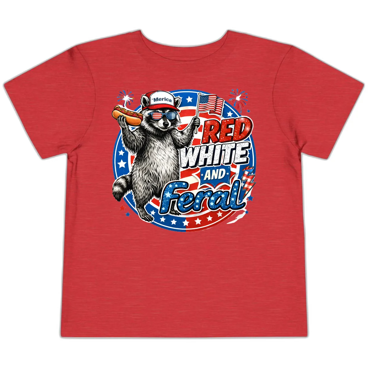 Patriotic Raccoon 'Merica Red White And Feral Design Toddler T-Shirt in Heather Red