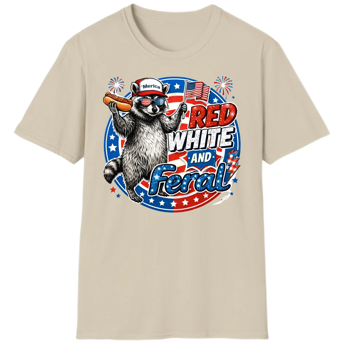 Patriotic Raccoon 'Merica T-Shirt in Sand