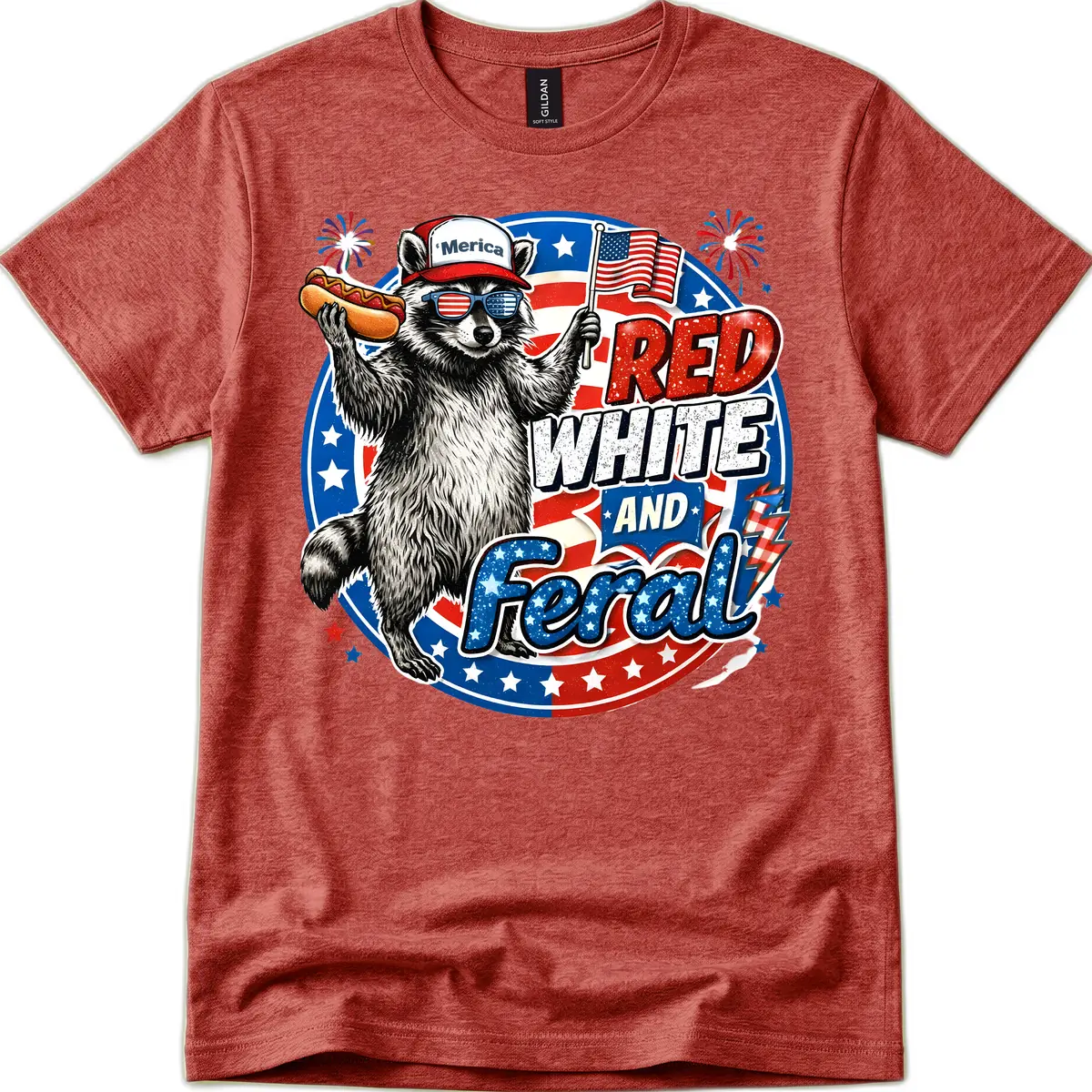 Patriotic Raccoon 'Merica Red White And Feral Design T-Shirt in Heather Cardinal