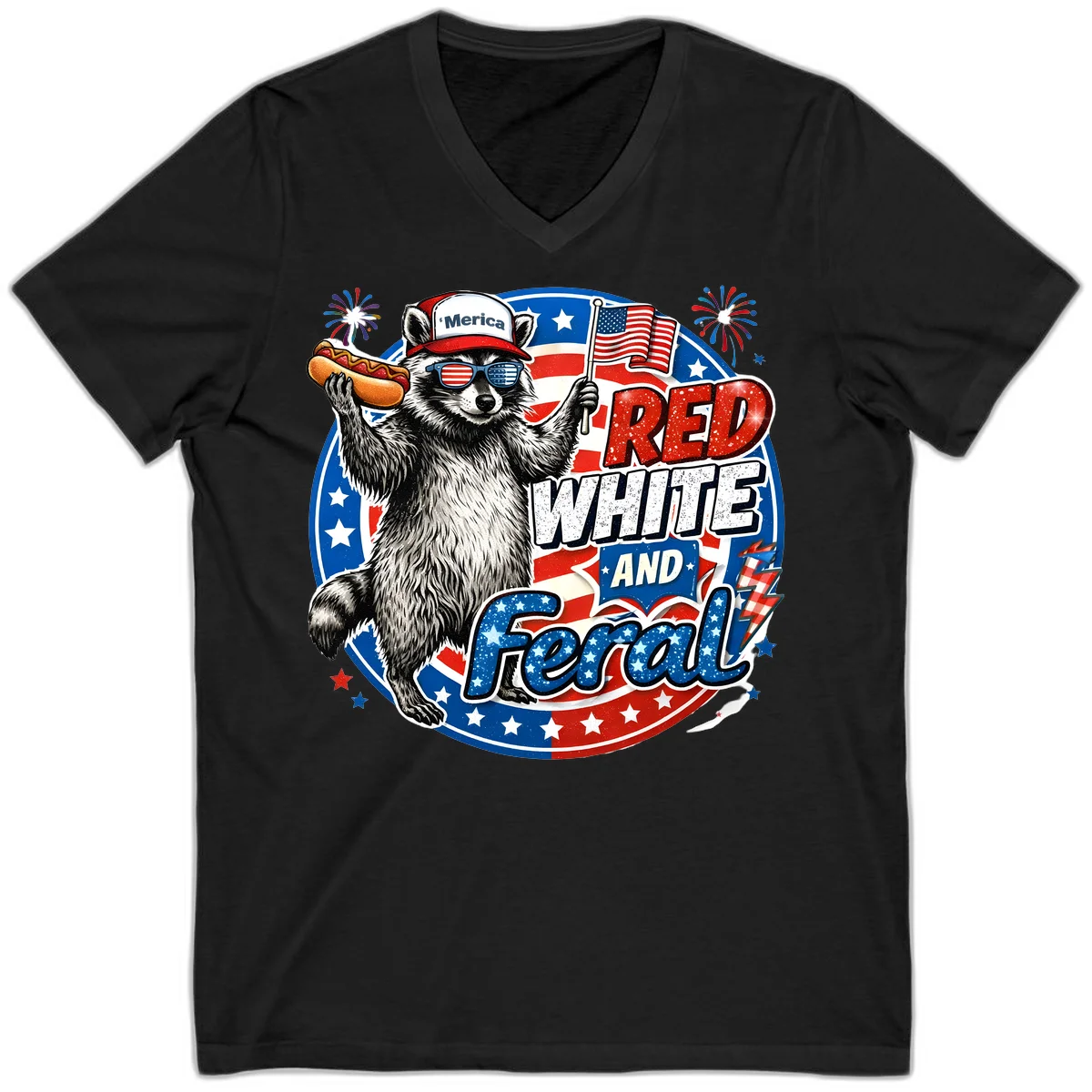 Patriotic Raccoon 'Merica V-Neck Tee in Black