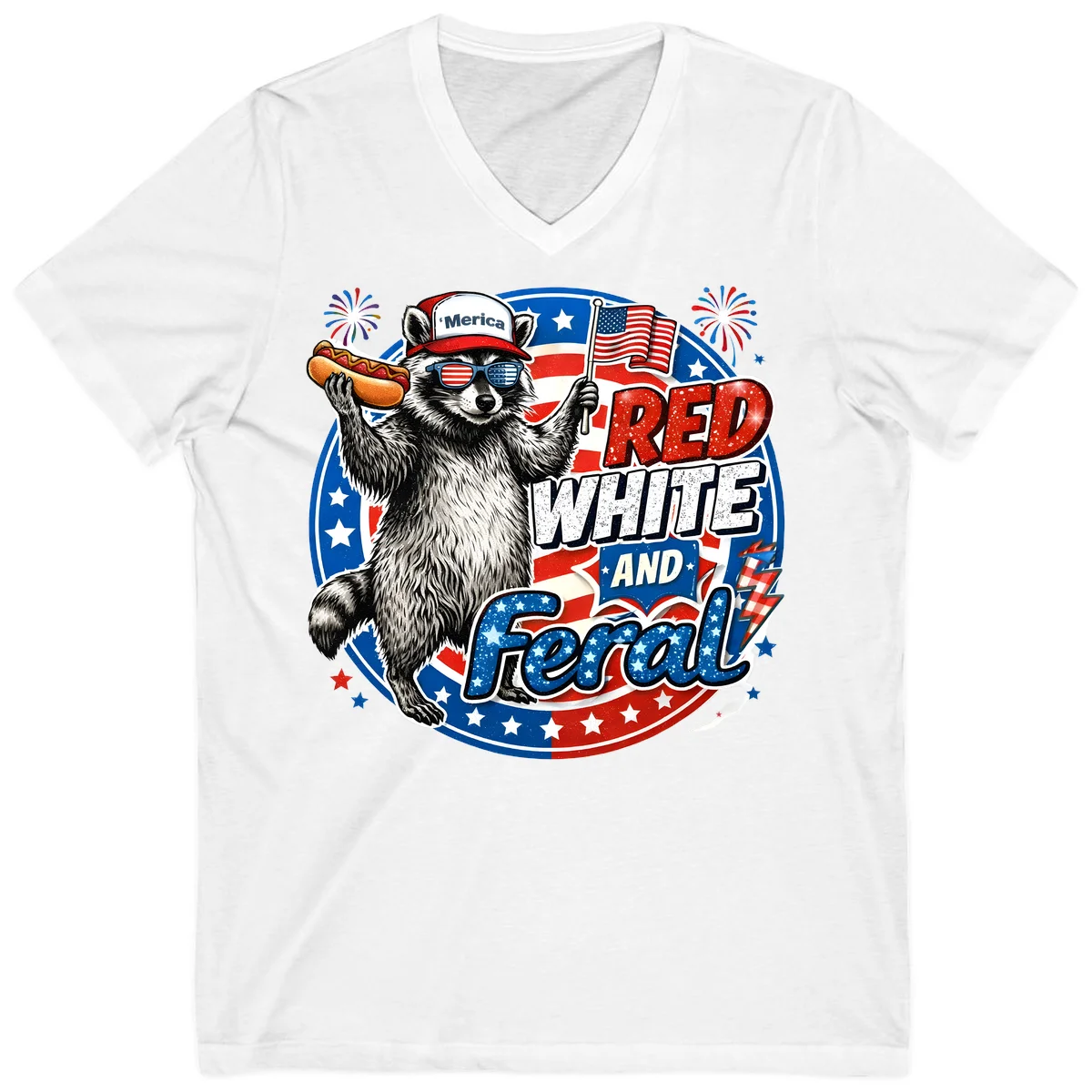 Patriotic Raccoon 'Merica V-Neck Tee in White