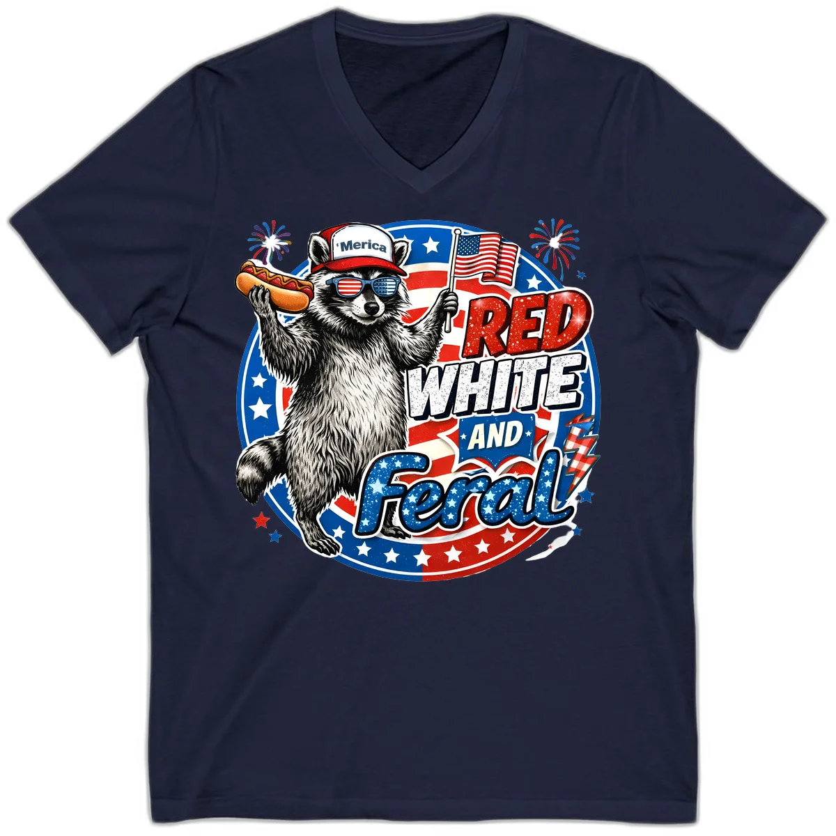 Patriotic Raccoon 'Merica V-Neck Tee in Navy