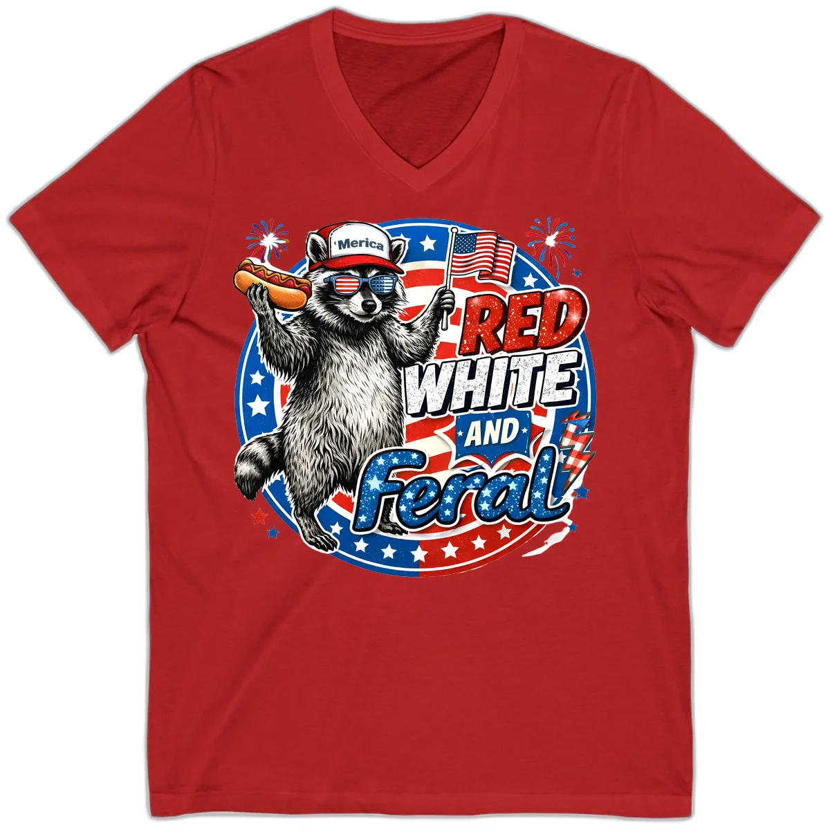 Patriotic Raccoon 'Merica V-Neck Tee in Red