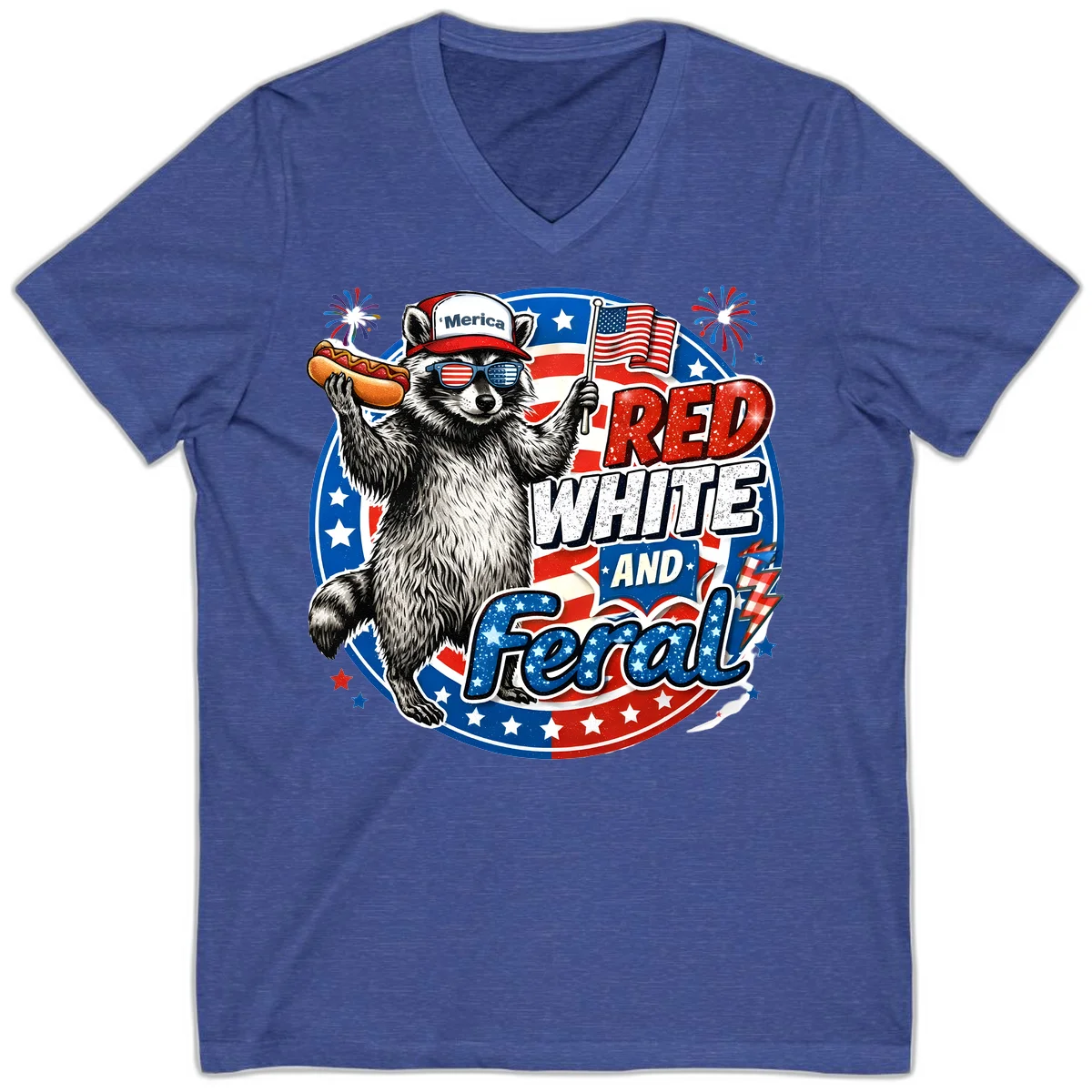 Patriotic Raccoon 'Merica V-Neck Tee in Heather True Royal