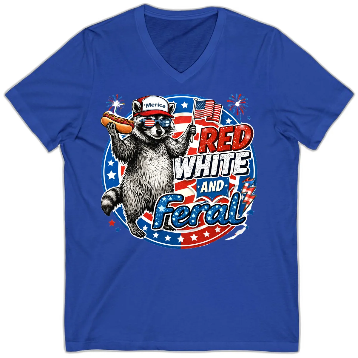 Patriotic Raccoon 'Merica V-Neck Tee in True Royal