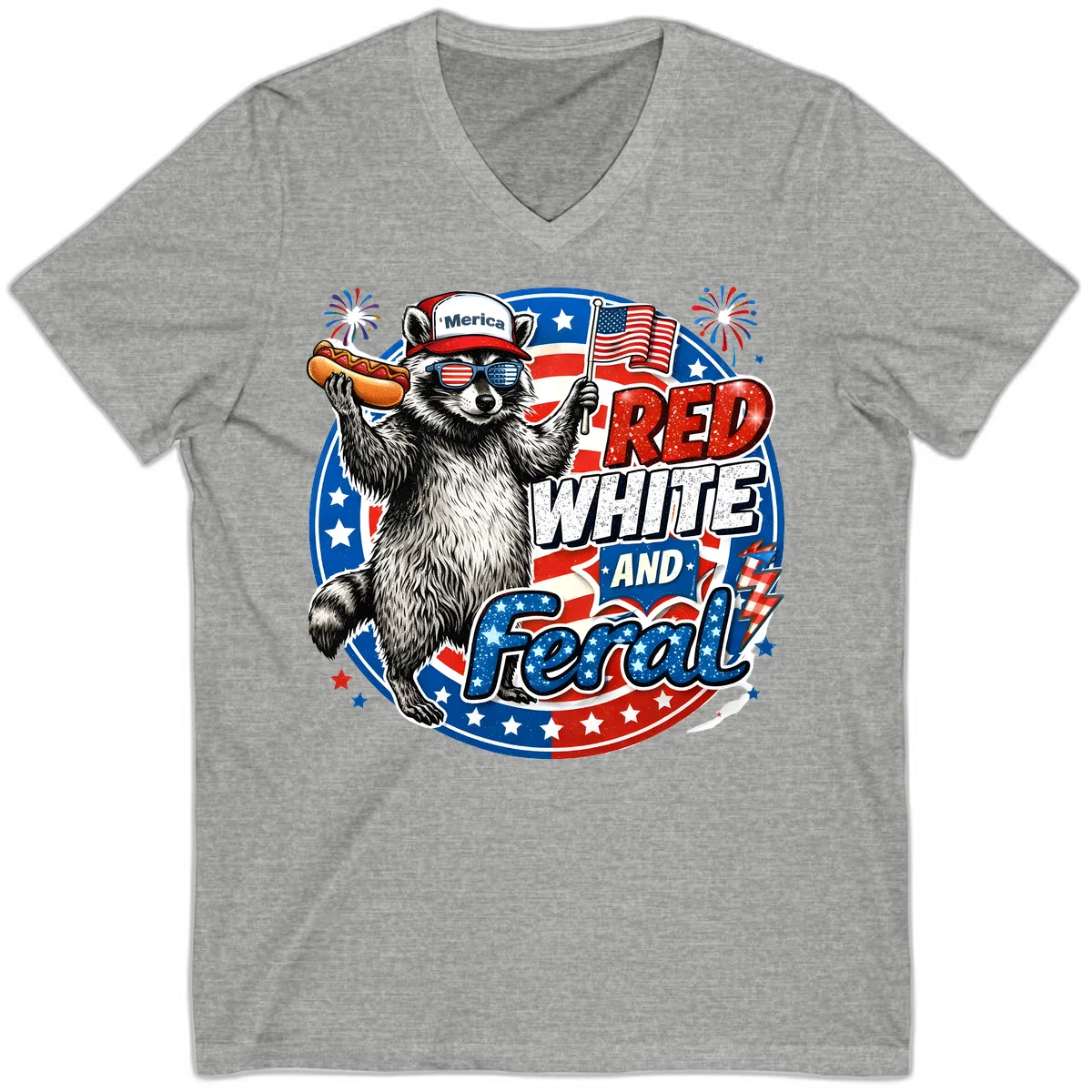 Patriotic Raccoon 'Merica V-Neck Tee in Athletic Heather