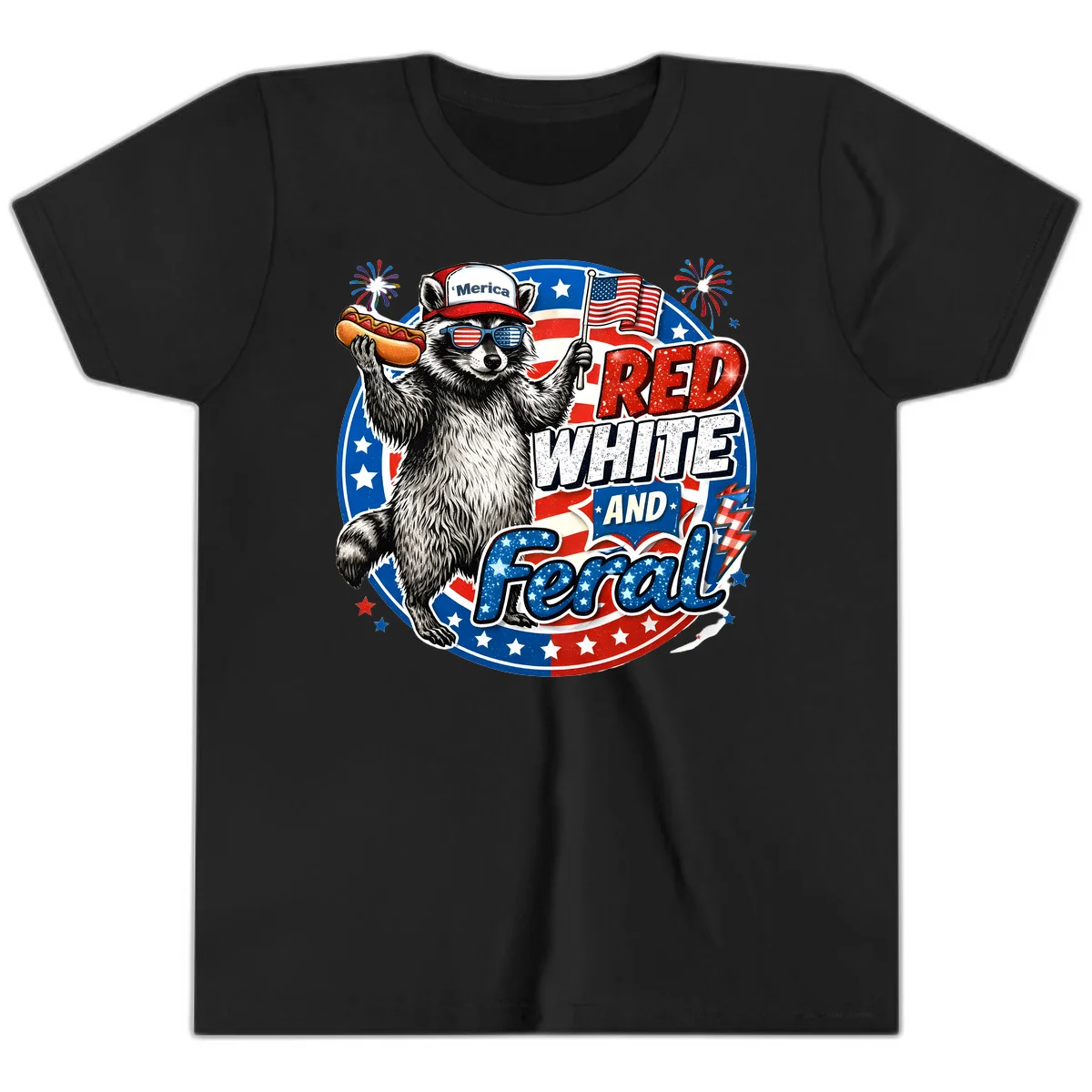 Patriotic Raccoon 'Merica Youth Tee in Black