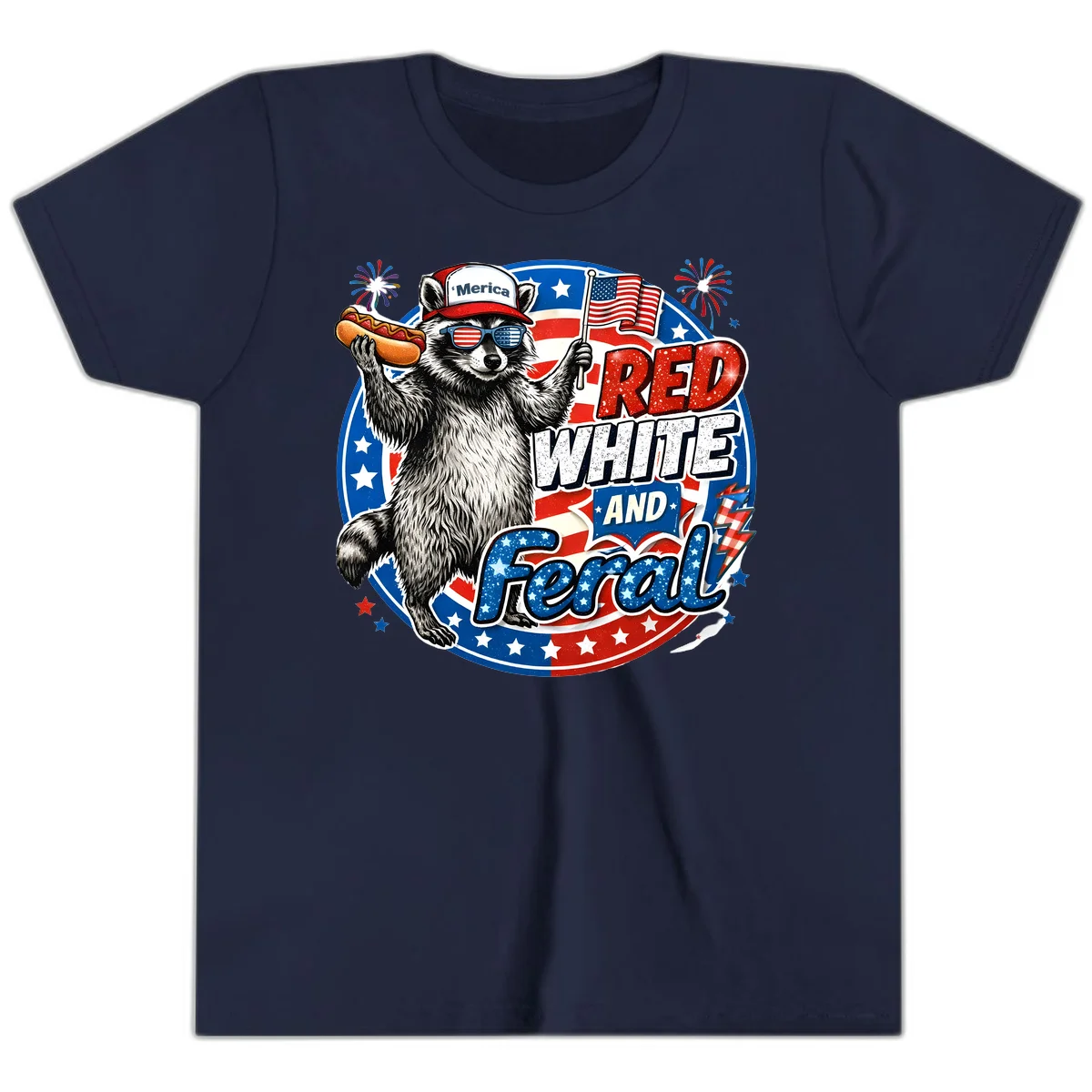 Patriotic Raccoon 'Merica Youth Tee in Navy