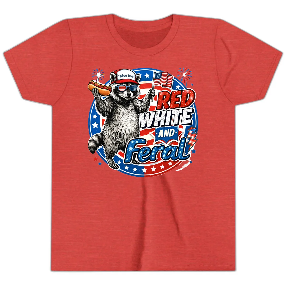 Patriotic Raccoon 'Merica Red White And Feral Design Youth T-Shirt in Heather Red