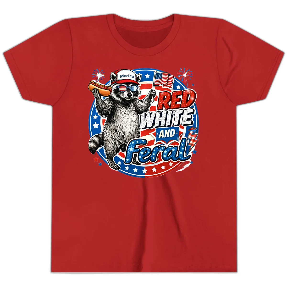 Patriotic Raccoon 'Merica Youth Tee in Red