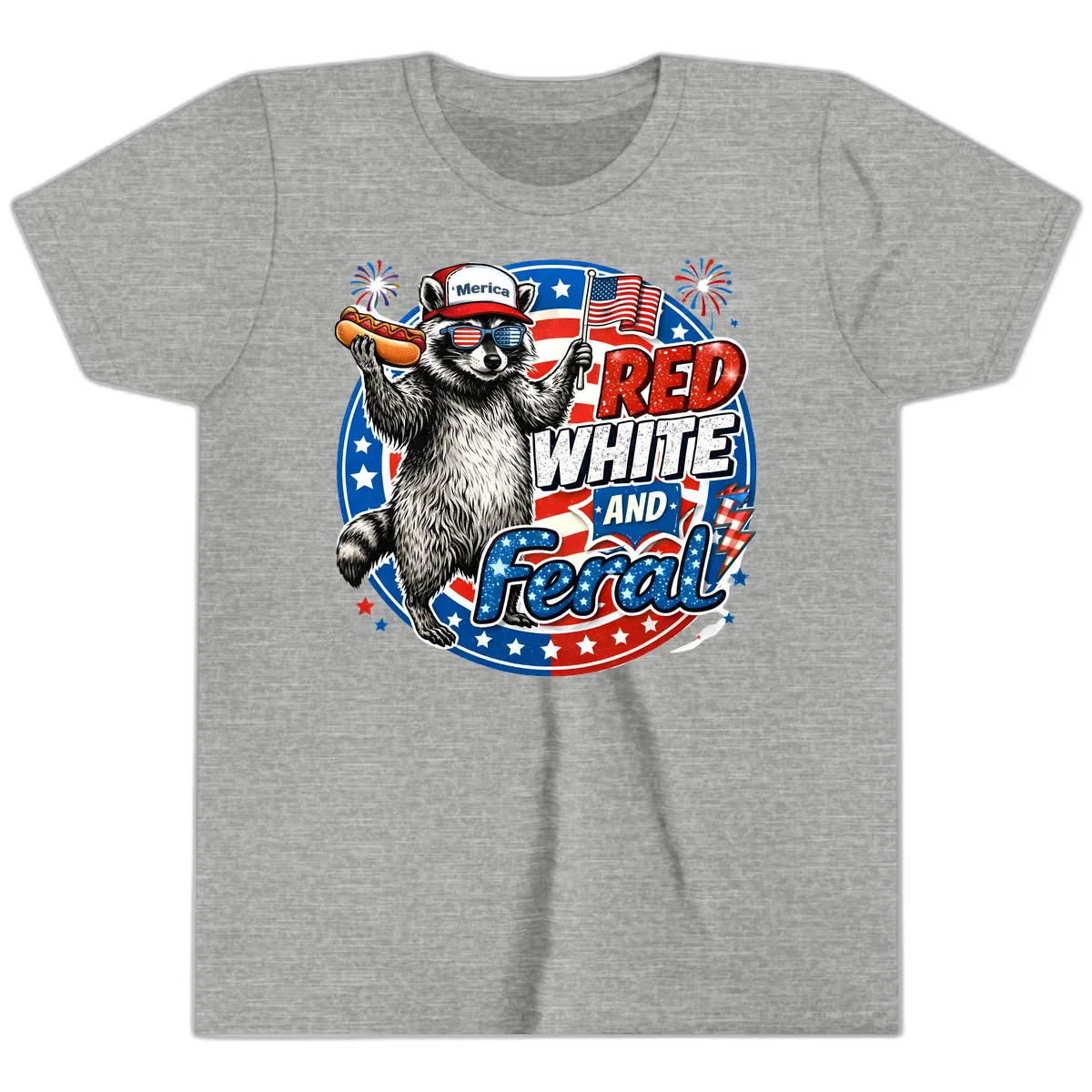 Patriotic Raccoon 'Merica Youth Tee in Athletic Heather