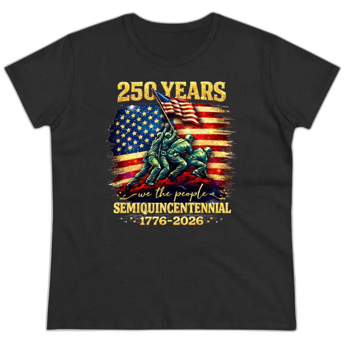 America 250 Years Flag Raising Ladies Tee in Black