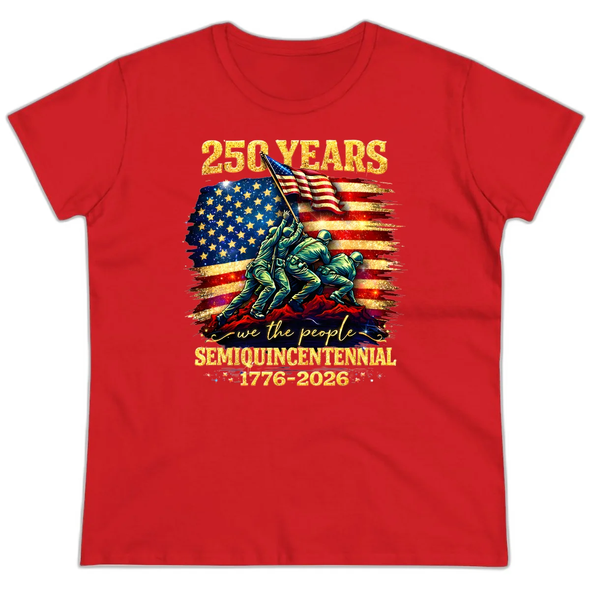 America 250 Years Flag Raising Ladies Tee in Red