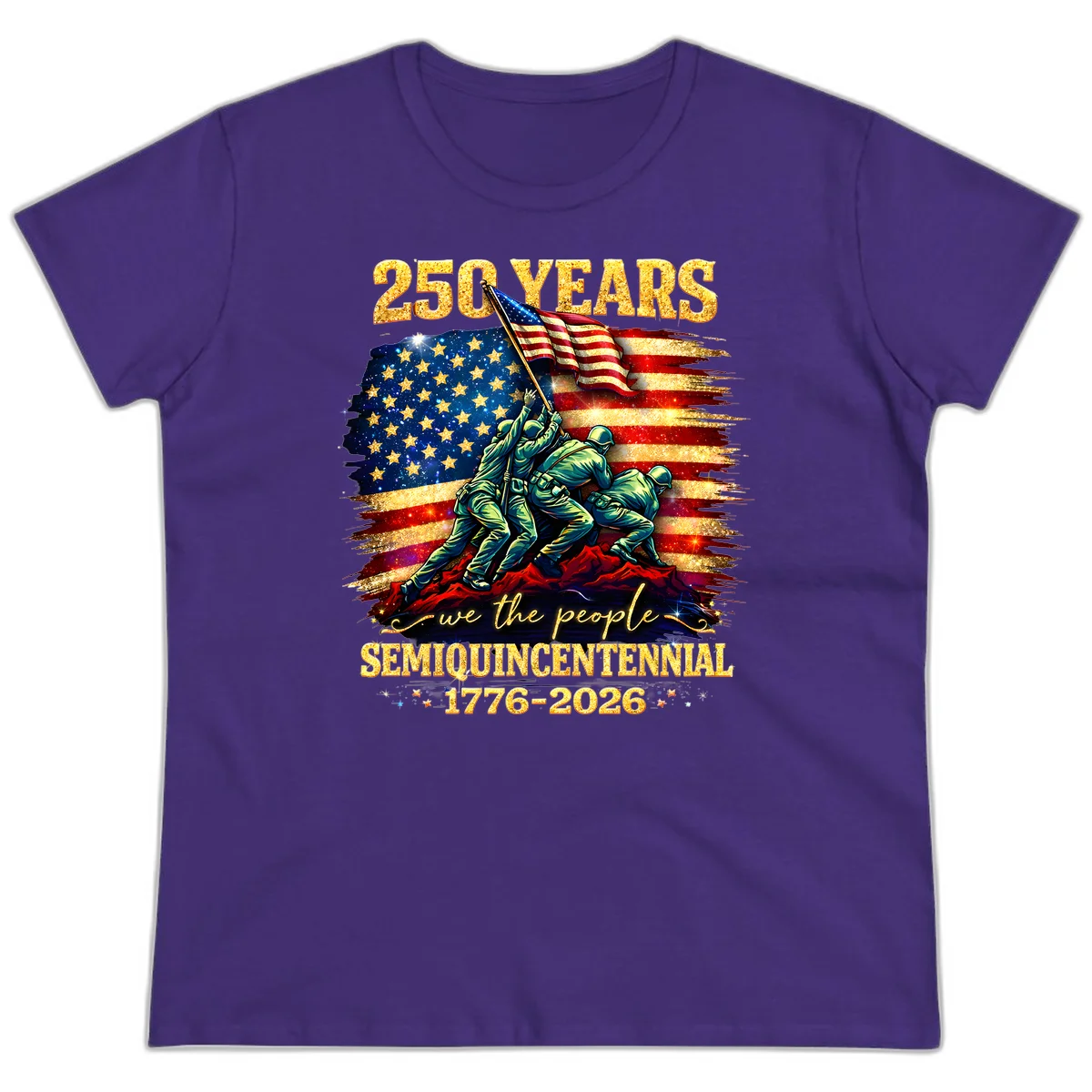 America 250 Years Flag Raising Ladies Tee in Purple