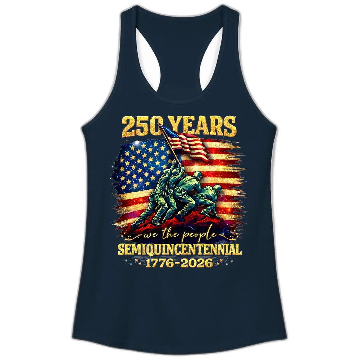 America 250 Years Flag Raising Ladies Tank in Solid Midnight Navy