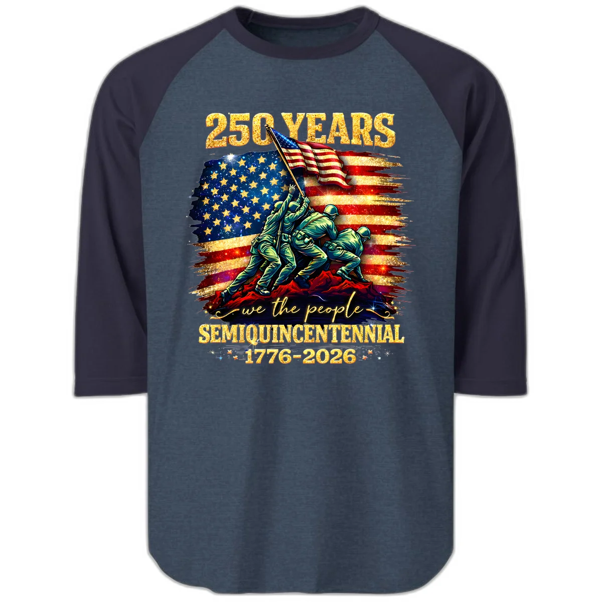 America 250 Years Flag Raising Raglan 3/4 in Heather Denim Navy