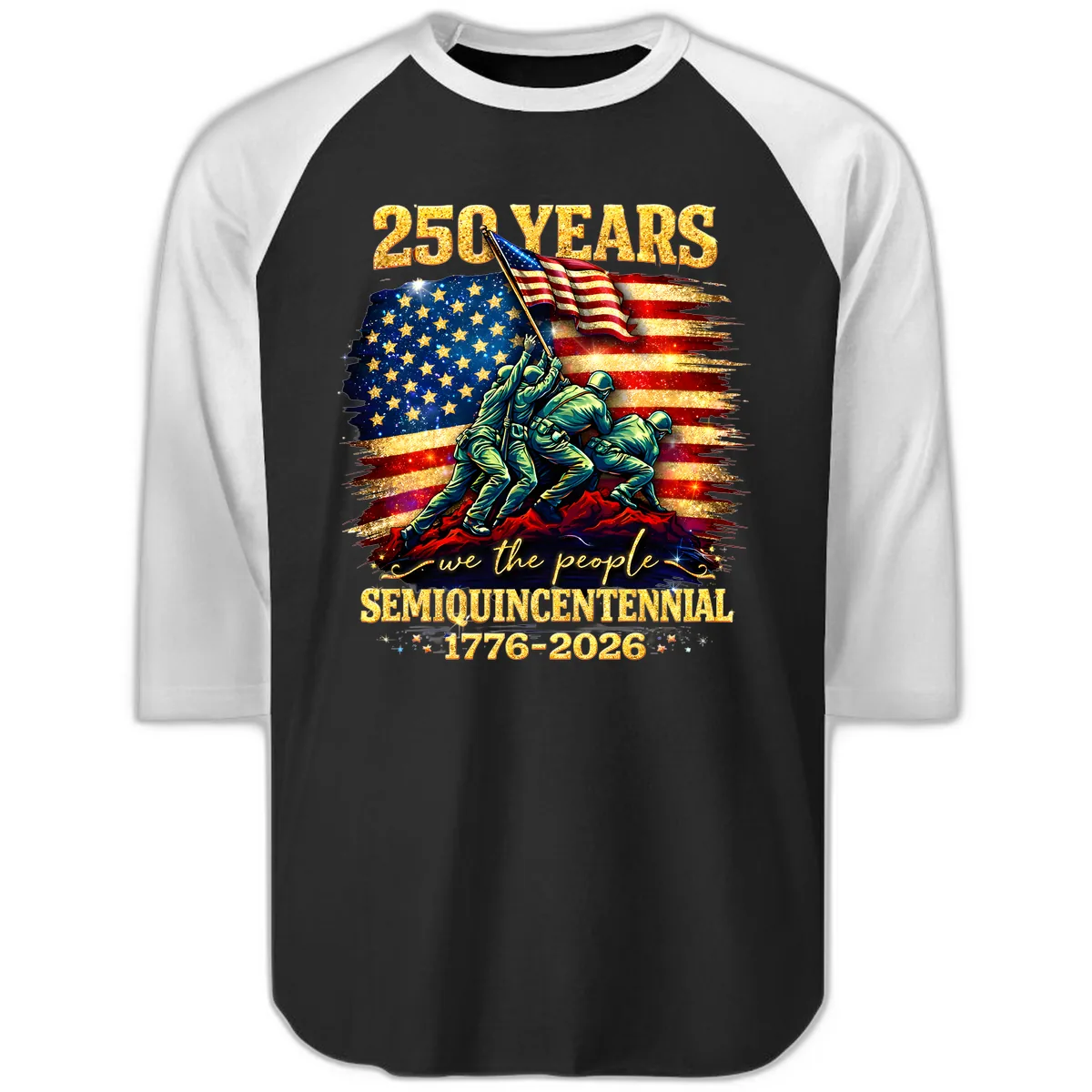 America 250 Years Semiquincentennial Flag Raising Raglan 3/4 in Black White