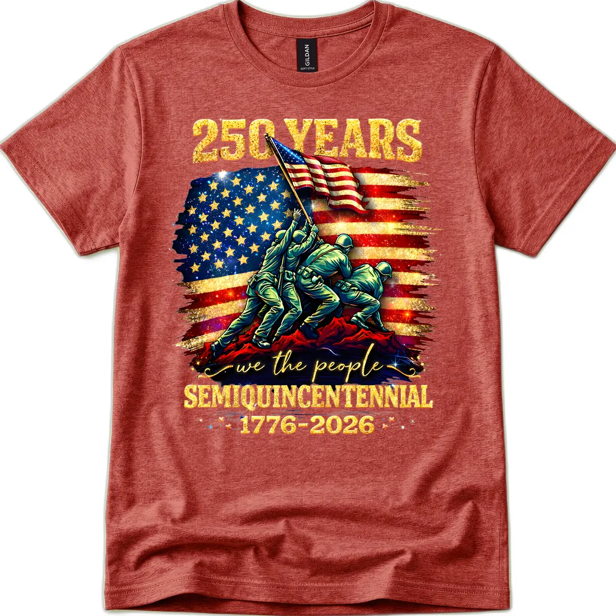 America 250 Years Semiquincentennial Flag Raising T-Shirt in Heather Cardinal