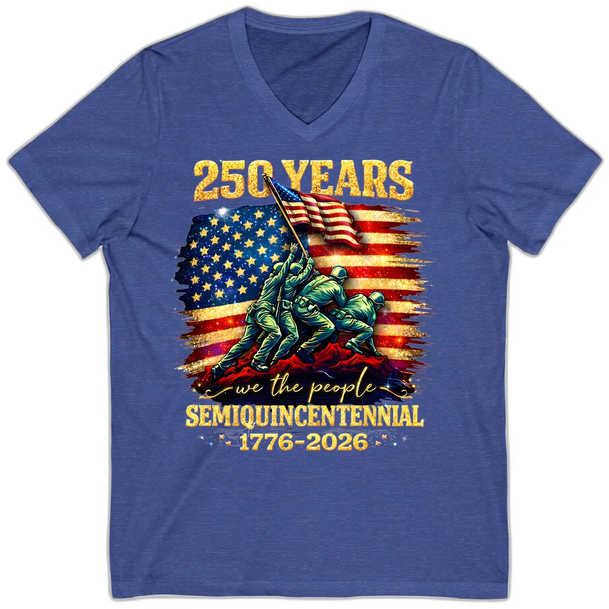 America 250 Years Flag Raising V-Neck in Heather True Royal