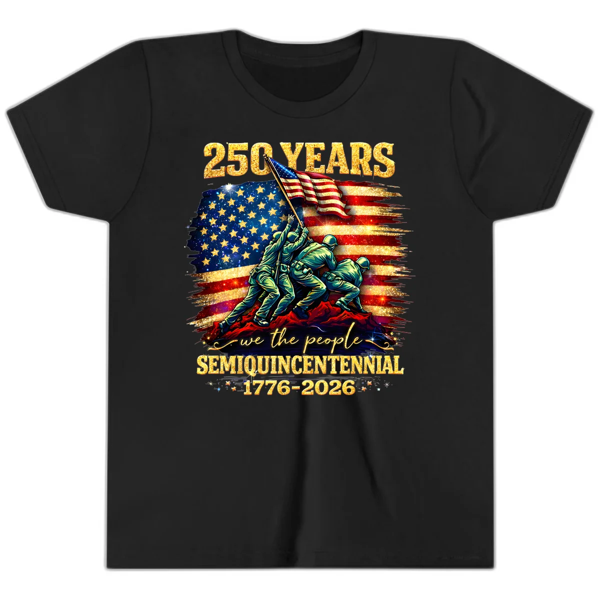 America 250 Years Flag Raising Youth T-Shirt in Black