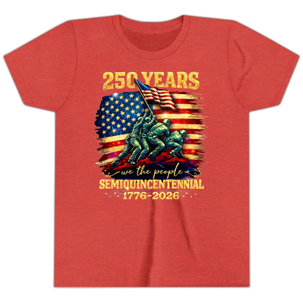 America 250 Years Semiquincentennial Flag Raising Youth T-Shirt in Heather Red