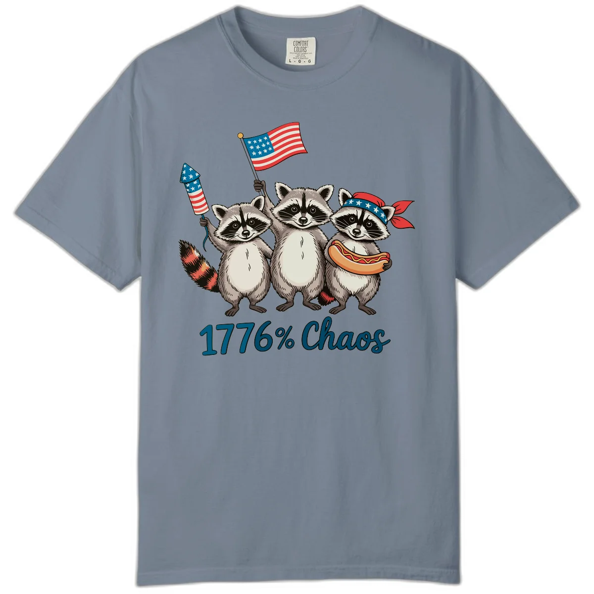 Patriotic Raccoons 1776 Chaos Comfort Tee in Blue Jean