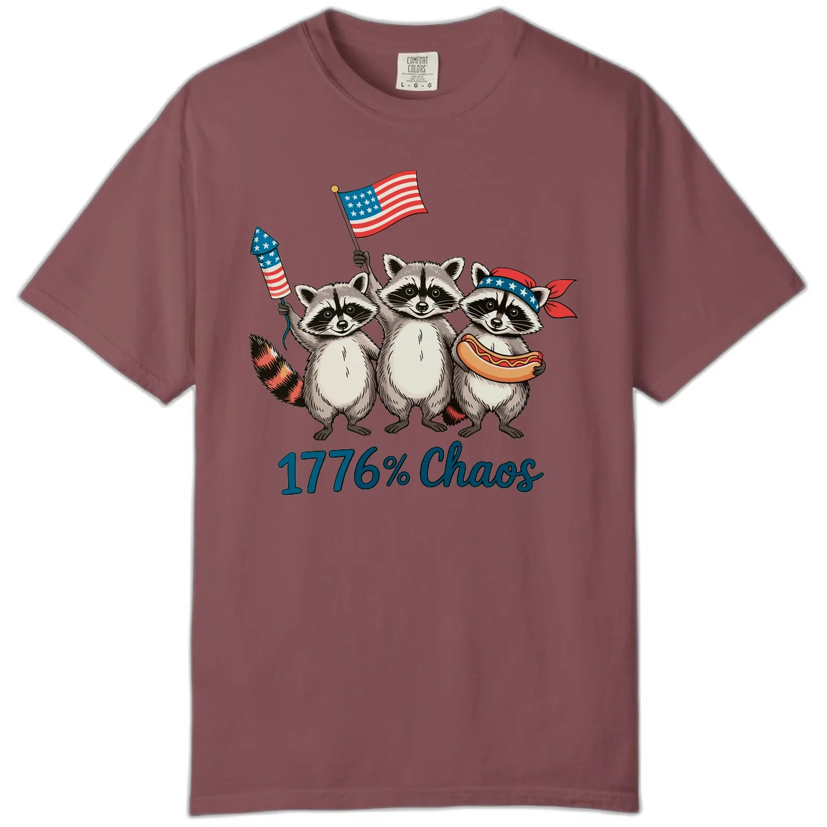 Patriotic Raccoons 1776 Chaos Comfort Tee in Brick