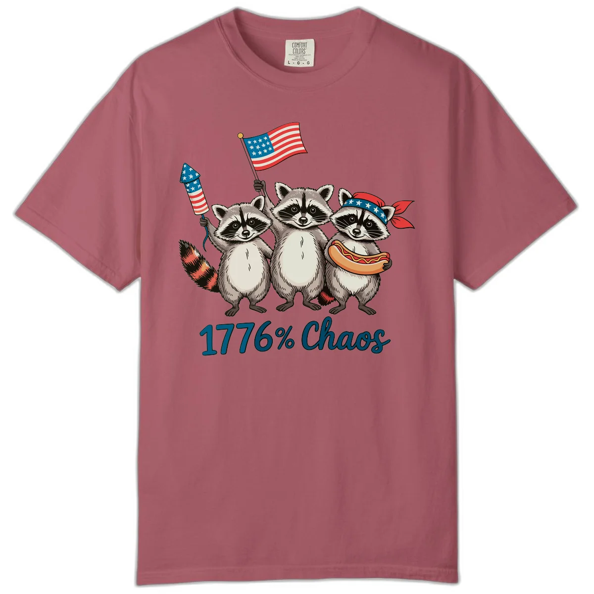 Patriotic Raccoons 1776 Chaos Comfort Tee in Crimson