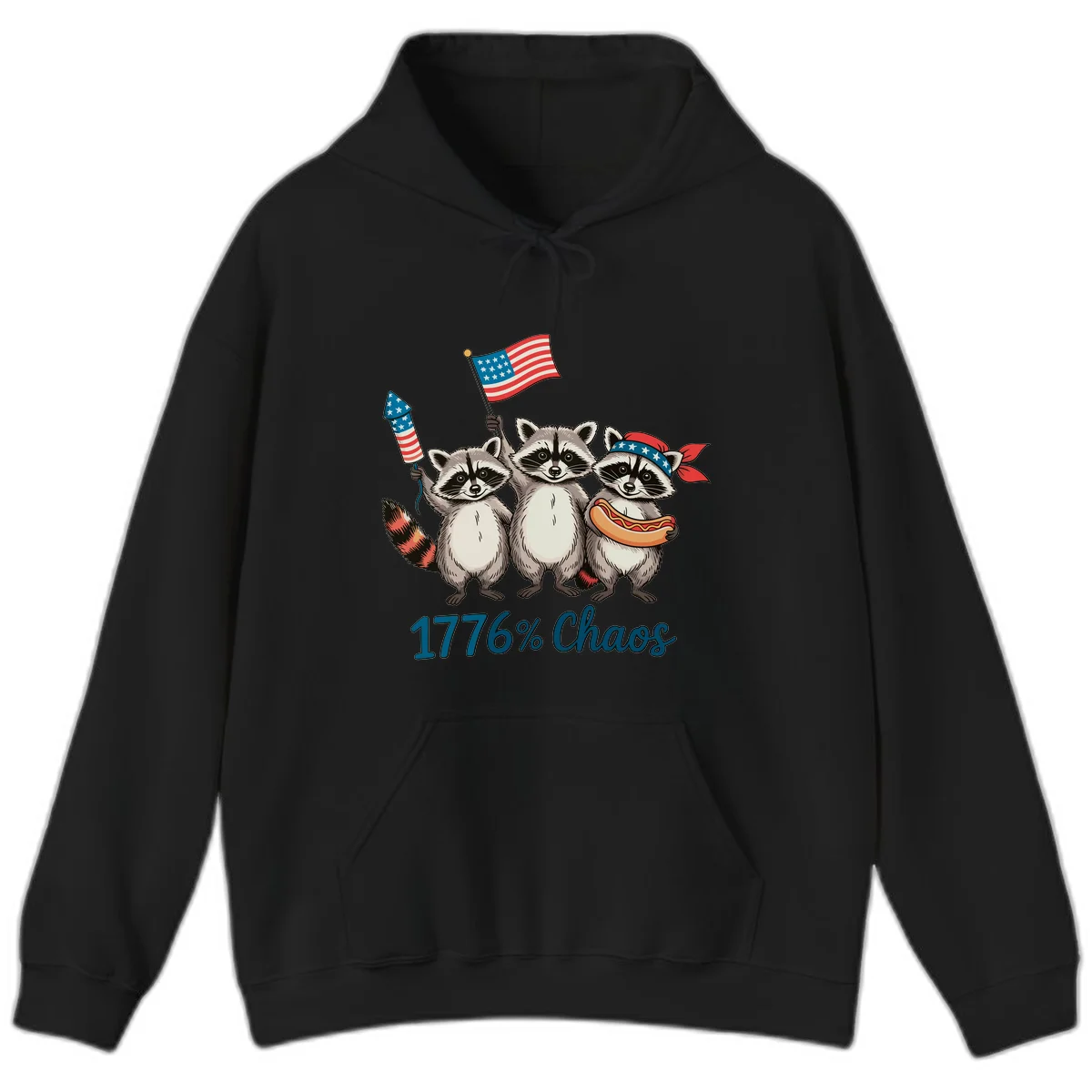 Patriotic Raccoons 1776 Chaos Hoodie in Black