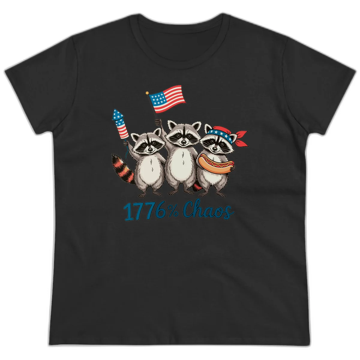 Patriotic Raccoons 1776 Chaos Ladies Tee in Black