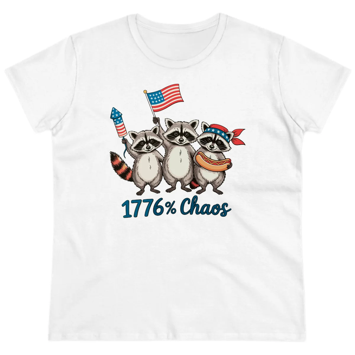 Patriotic Raccoons 1776 Chaos Ladies Tee in White