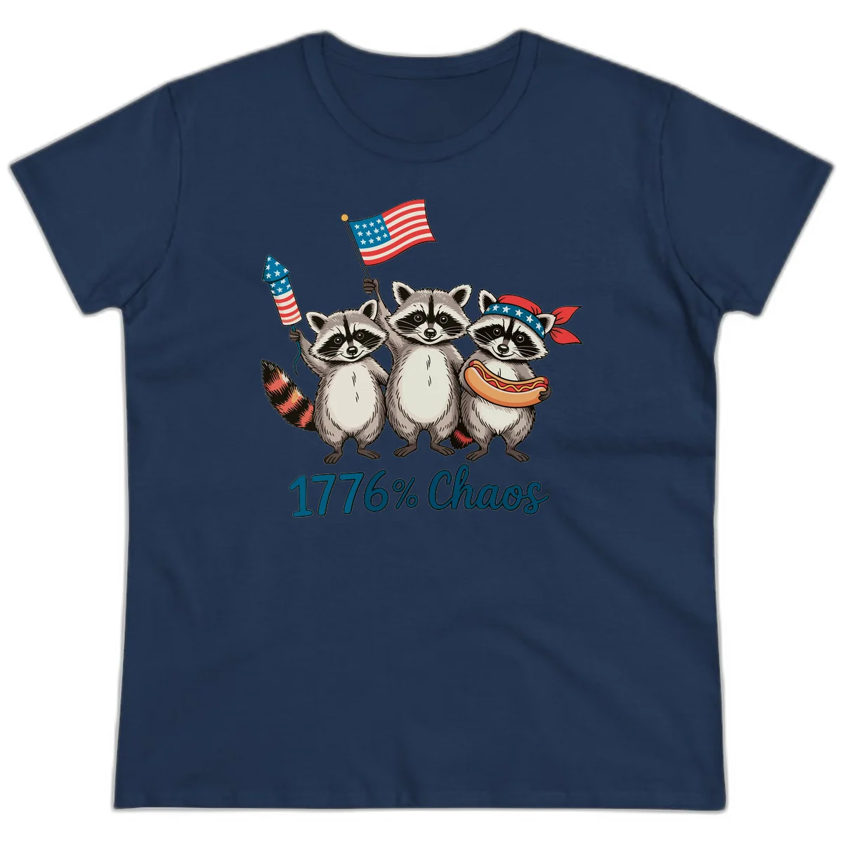 Patriotic Raccoons 1776 Chaos Ladies Tee in Navy