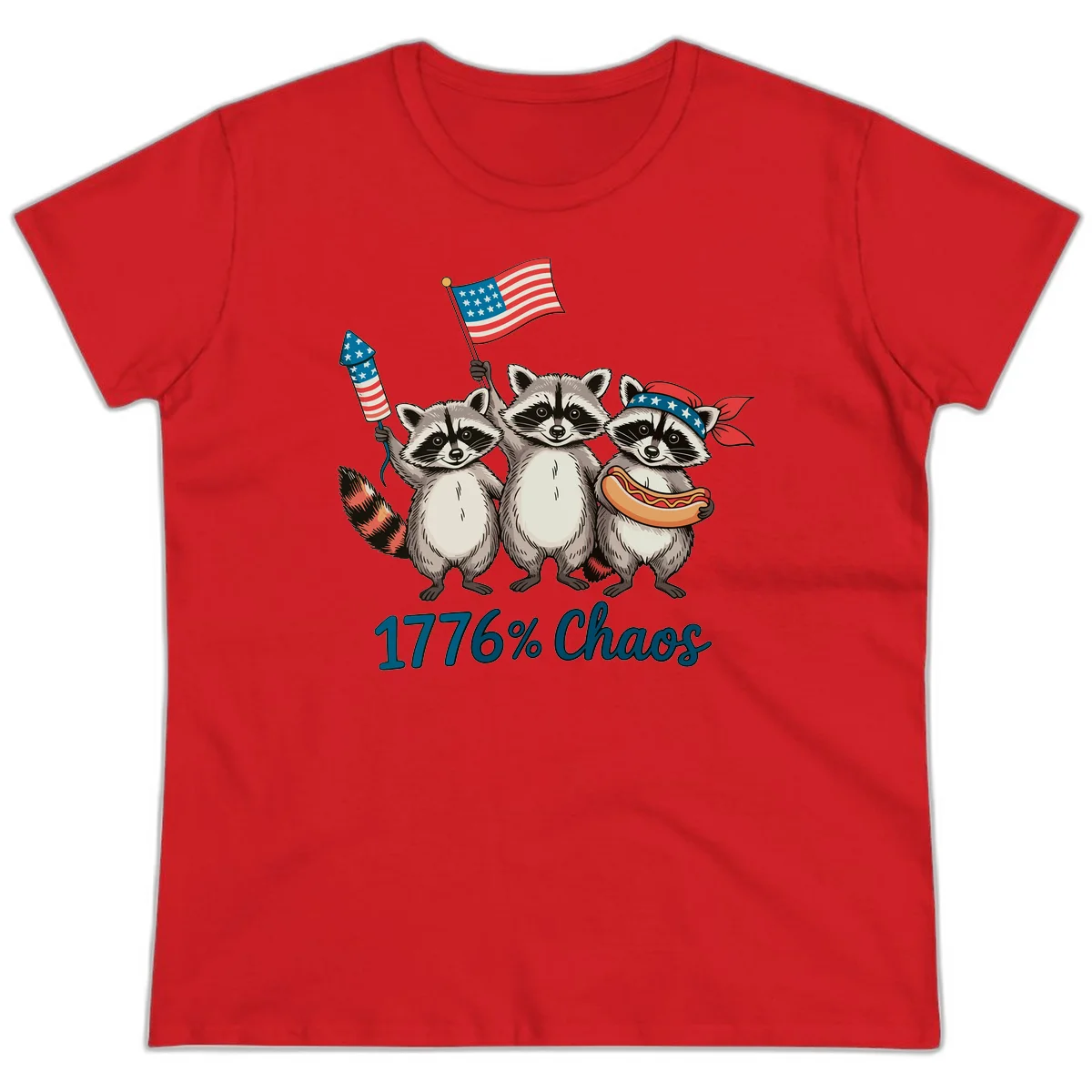 Patriotic Raccoons 1776 Chaos Ladies Tee in Red