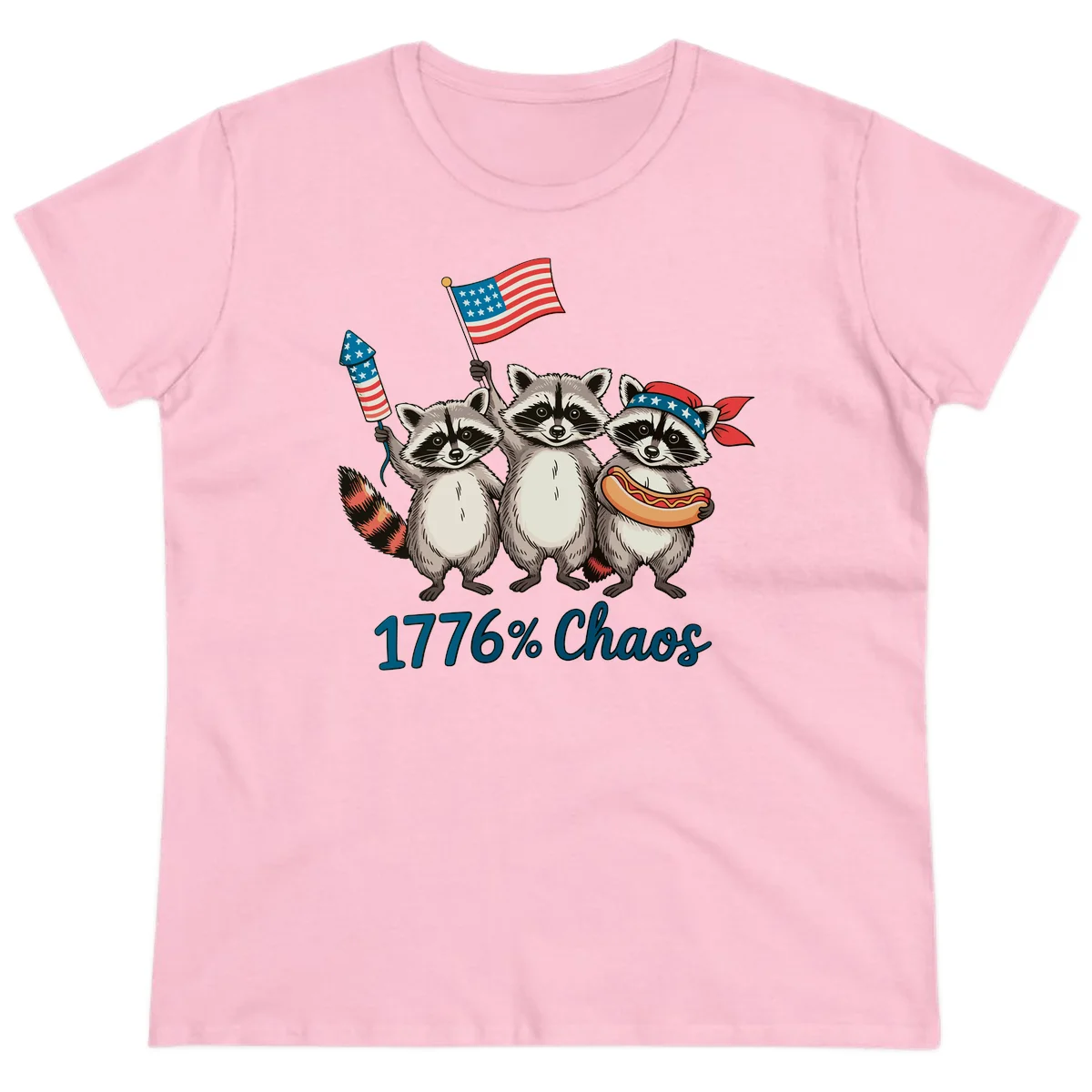 Patriotic Raccoons 1776 Chaos Ladies Tee in Light Pink