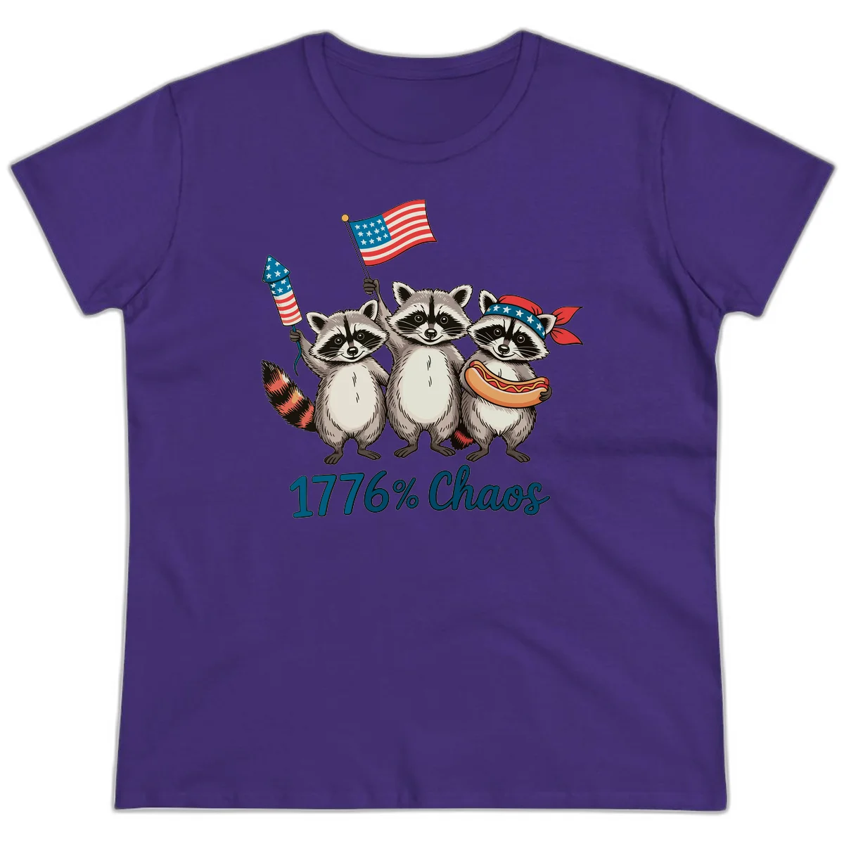 Patriotic Raccoons 1776 Chaos Ladies Tee in Purple