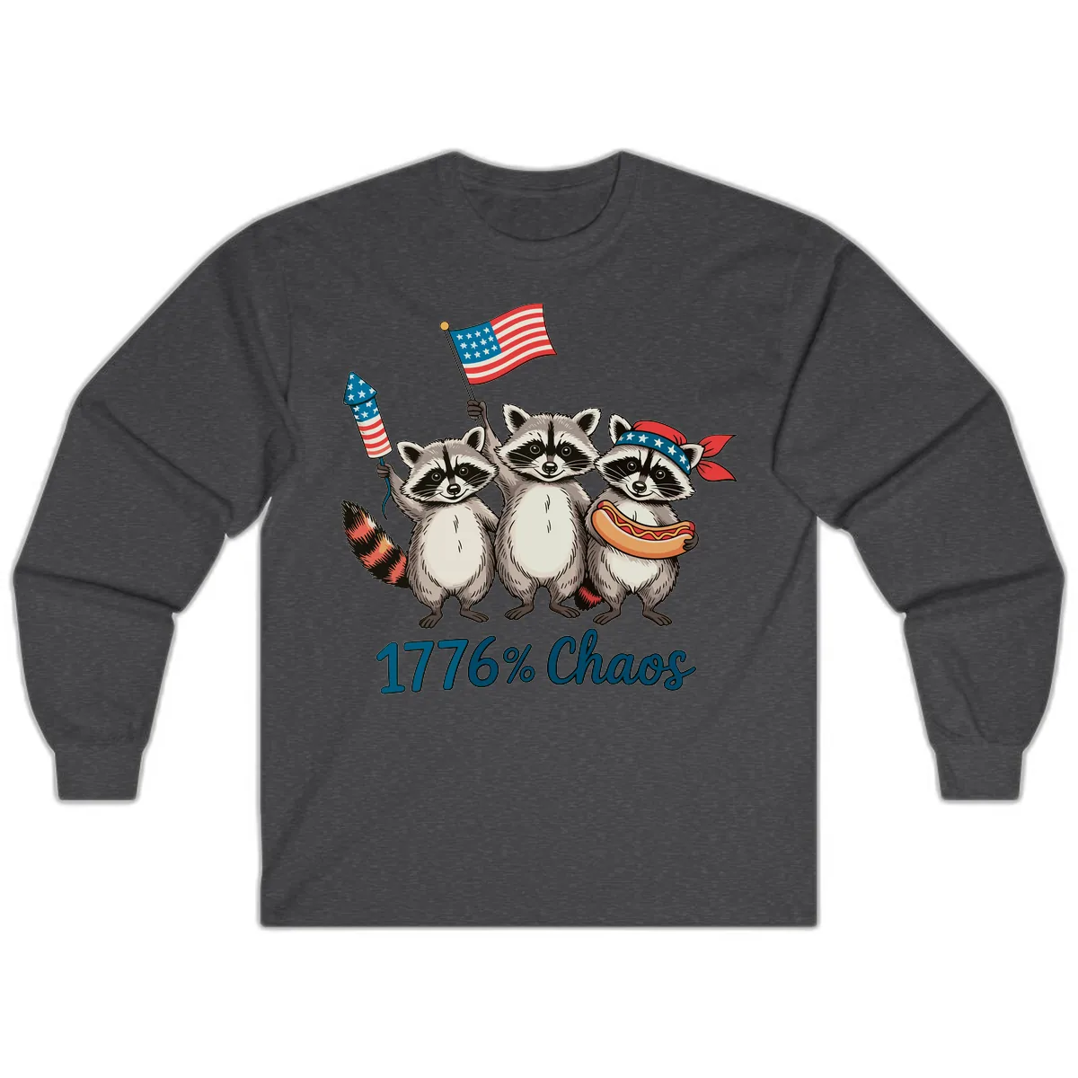 Patriotic Raccoons 1776 Percent Chaos Celebration Long Sleeve in Dark Heather