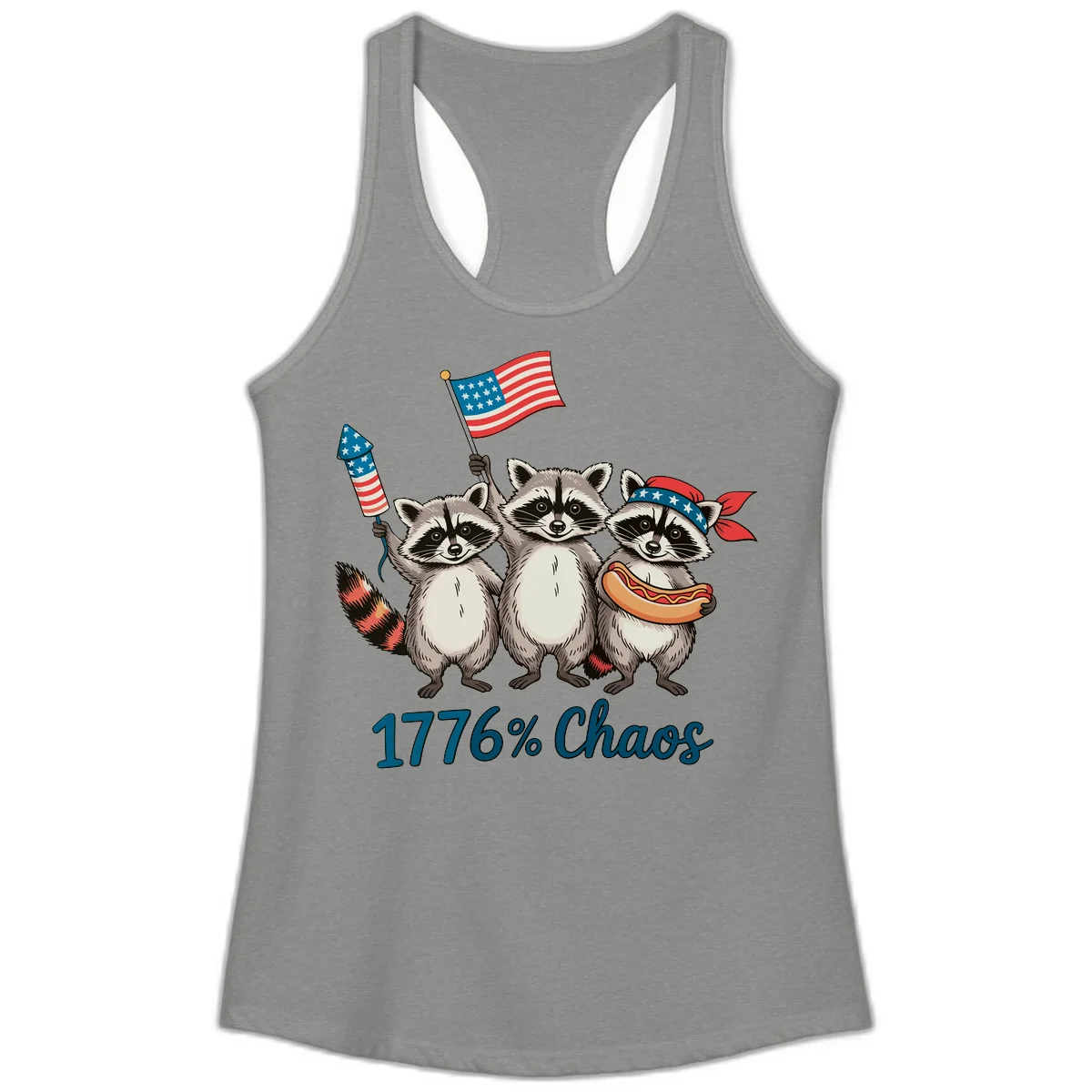 Patriotic Raccoons 1776 Chaos Ladies Tank in Heather Grey
