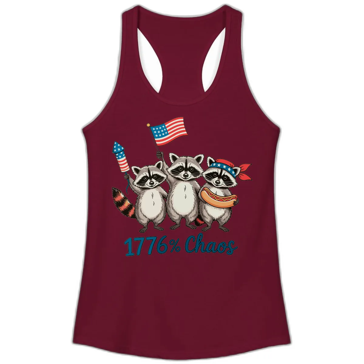 Patriotic Raccoons 1776 Percent Chaos Celebration Ladies Tank in Solid Cardinal Red