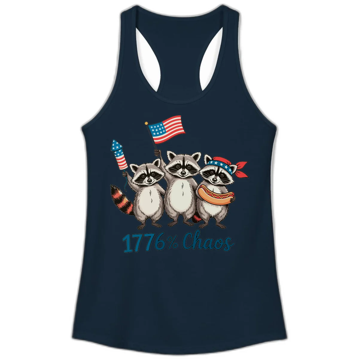 Patriotic Raccoons 1776 Chaos Ladies Tank in Solid Midnight Navy