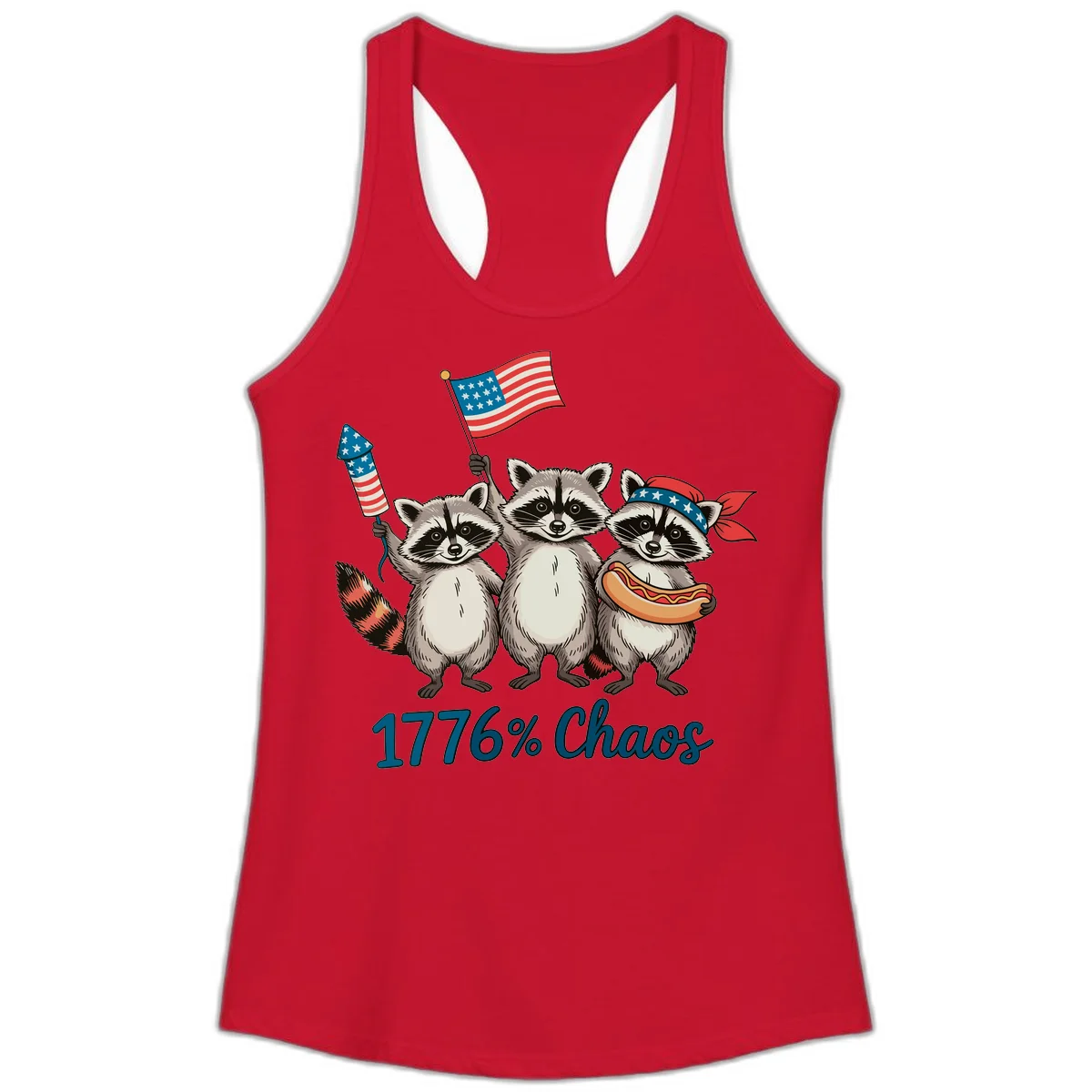 Patriotic Raccoons 1776 Chaos Ladies Tank in Solid Red
