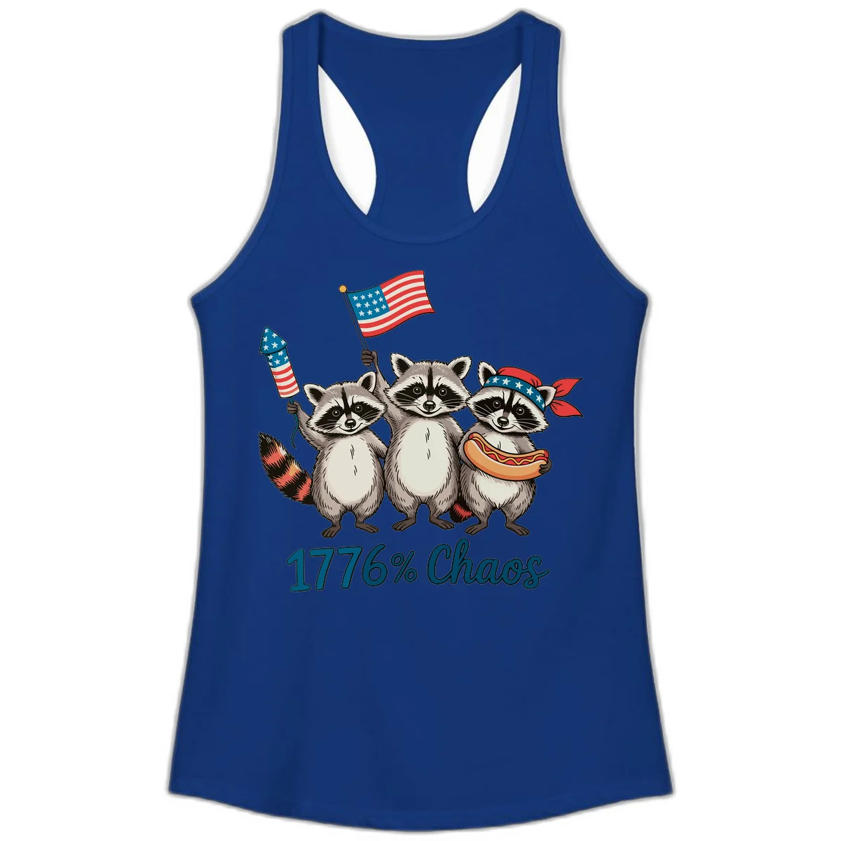 Patriotic Raccoons 1776 Chaos Ladies Tank in Solid Royal