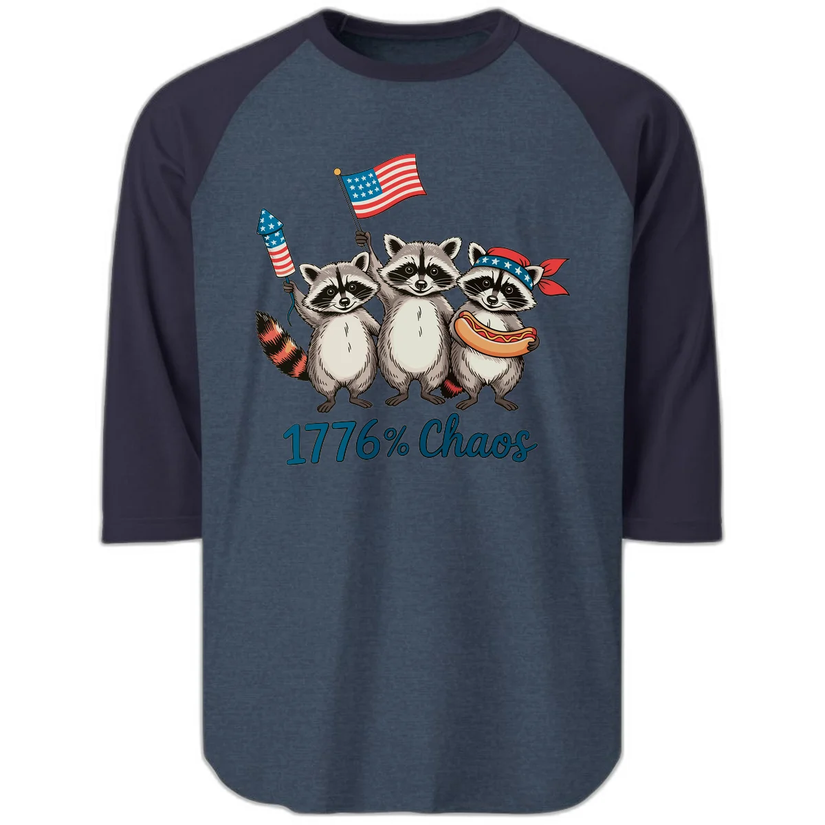Patriotic Raccoons 1776 Chaos Raglan 3/4 in Heather Denim Navy