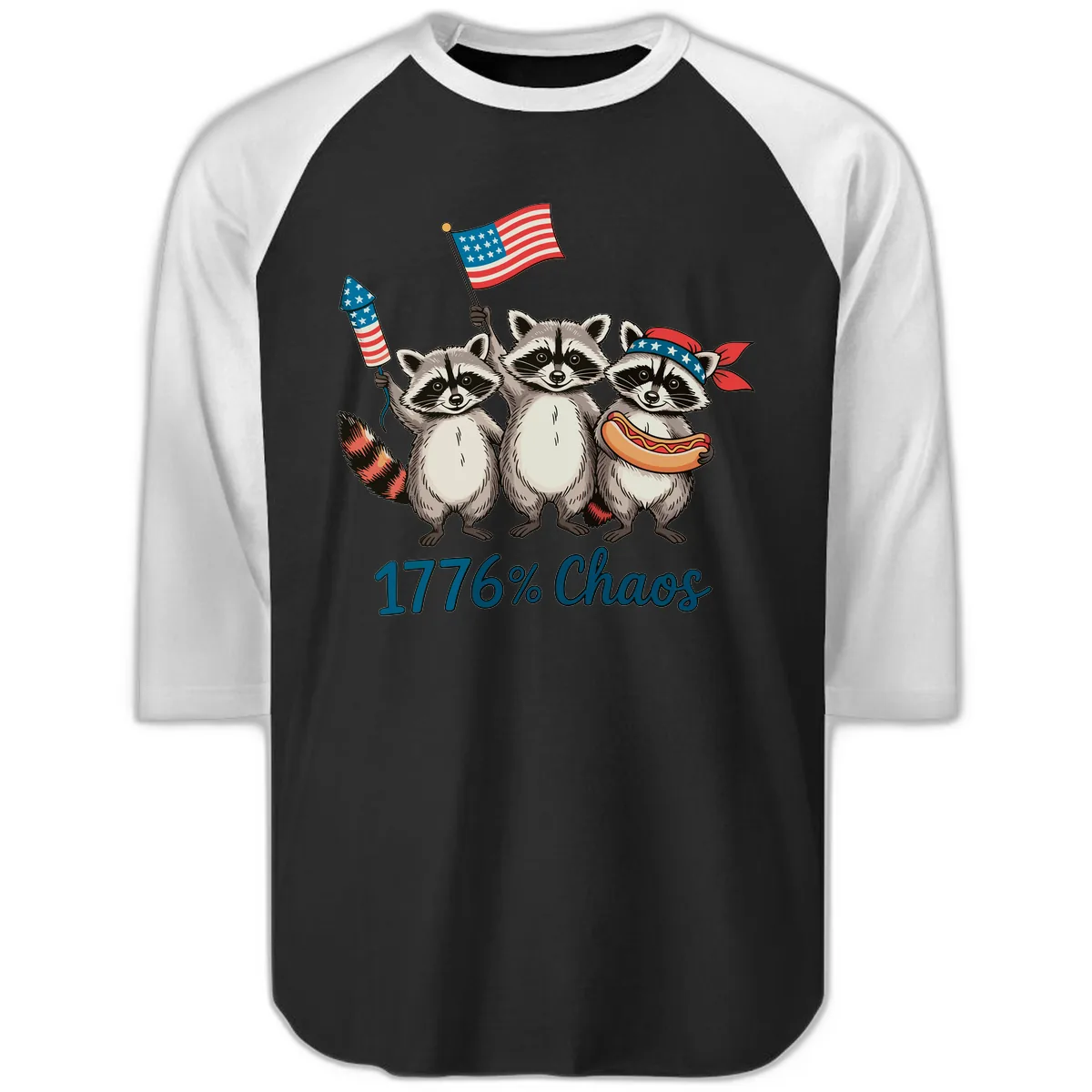 Patriotic Raccoons 1776 Percent Chaos Celebration Raglan 3/4 in Black White
