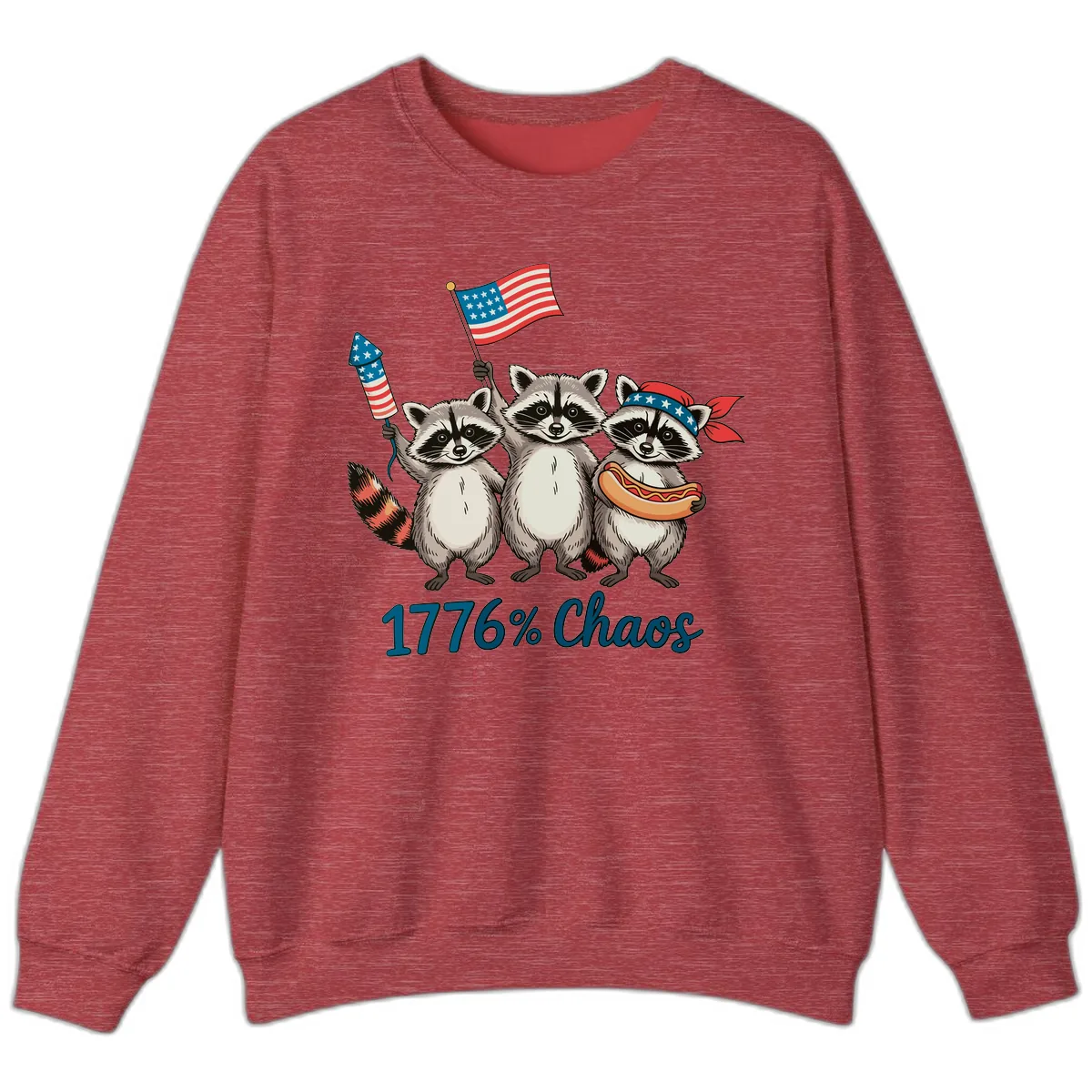 Patriotic Raccoons 1776 Percent Chaos Celebration Sweatshirt in Heather Scarlet Red