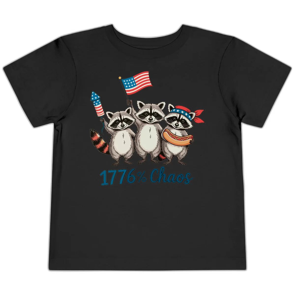 Patriotic Raccoons 1776 Chaos Toddler Tee in Black